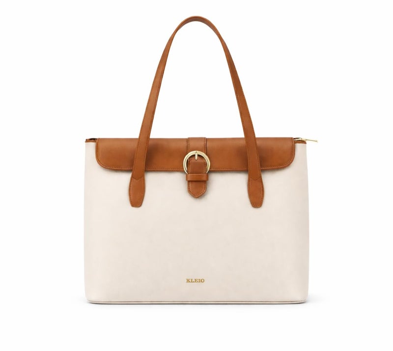 KLEIO Office 15 Inch Tote Laptop Handbag for Women - Cream - Image 1